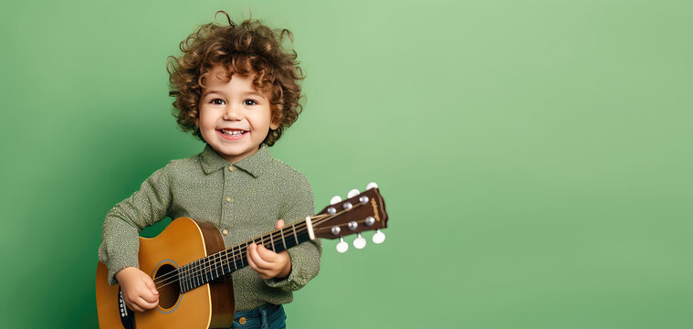 Joyful child playing guitar isolated on flat green background with copy space. Creative banner for children's music school. - Powered by Adobe