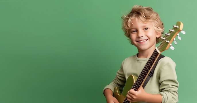 Joyful child playing guitar isolated on flat green background with copy space. Creative banner for children's music school.