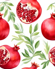 Pomegranate tileable watercolor hand drawn seamless pattern created with Generative AI technology