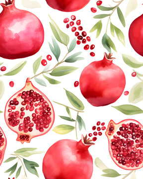 Pomegranate tileable watercolor hand drawn seamless pattern created with Generative AI technology
