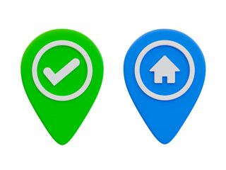 3d minimal map pin icon. destination pin. location pin with checkmark and home icon. 3d illustration.