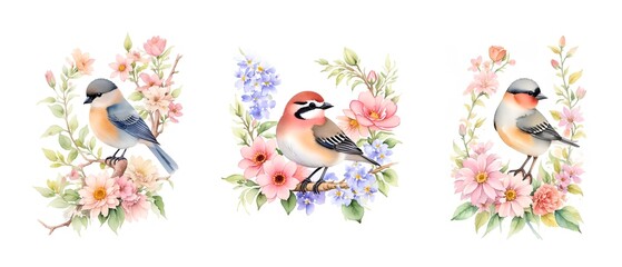 collection of bird on a flowers branch painting in watercolor style on white background for design