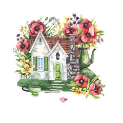 Fototapeta na wymiar Watercolor illustration, an old, rural house in a summer, flower garden.
