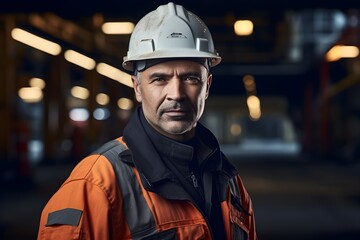 Portrait of an oil worker in hardhat and coveralls, emphasizing the human element and demanding labor in the oil and energy industry