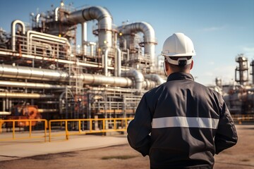 Fototapeta premium Engineer diligently inspecting machinery at an oil extraction site, underlining the maintenance and technical aspects of oil production