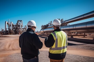 Oil and gas workers intensely discussing plans in front of a large pipeline, emphasizing teamwork and strategic planning in the industry