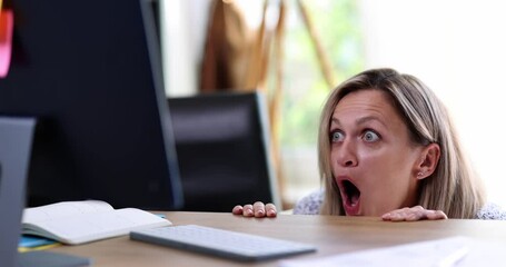 Portrait of young shocked business woman looking at screen of laptop computer or laptop. Funny facial expression emotion problem, and perception surprise reaction
