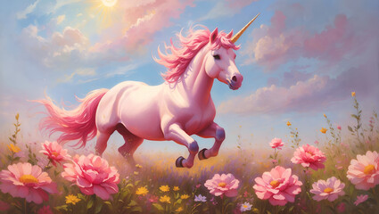 A joyous pink unicorn in a flower meadow. Impressionism style oil painting. Generative AI. - obrazy, fototapety, plakaty