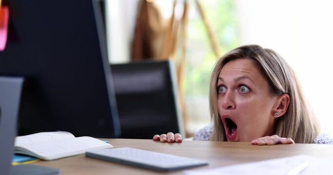 Portrait of young shocked business woman looking at screen of laptop computer or laptop. Funny facial expression emotion problem, and perception surprise reaction - Powered by Adobe
