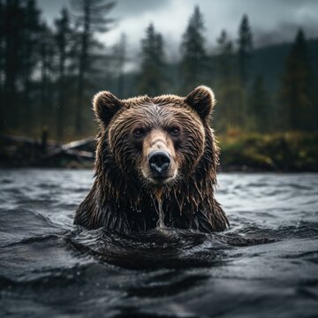 In the wilderness, a brown bear wades through water. (Generative AI)