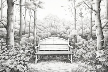 The sun shines through the trees onto a park bench. (Generative AI)