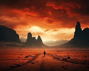 A person stands on a desert landscape with distant mountains. (Generative AI)