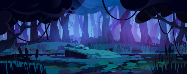 Spooky night forest landscape with swamp. Vector cartoon illustration of dark woodland, lake with water lily leaves and reeds, mushrooms on glade, old trees and bushes, fireflies glowing in moonlight © klyaksun