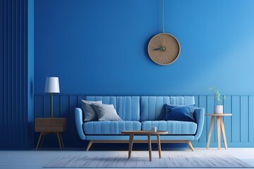 Mock up wall in steel blue modern interior background, living room, Scandinavian style | bright living room interior with royal blue couch |  living room with a blue accent wall, Generative AI