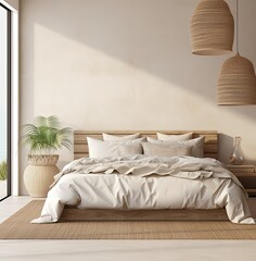 Fototapeta na wymiar Home mockup, bedroom interior background with rattan furniture and blank wall, Coastal style, 3d render