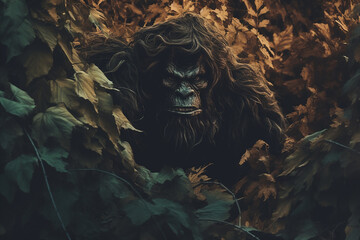 Obraz premium A Bigfoot creature hiding behind leaves peaking out. Sasquatch hidden in camouflage with the forest foliage. Generative AI concept