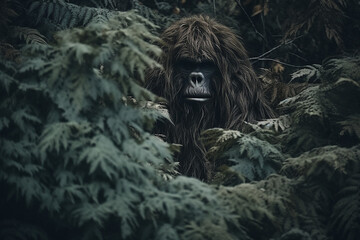 Naklejka premium A Bigfoot creature hiding behind leaves peaking out. Sasquatch hidden in camouflage with the forest foliage. Generative AI concept