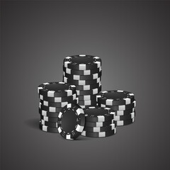 Black poker chips on a dark background. Vector illustration.