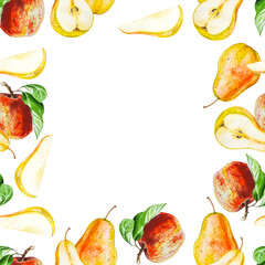 Watercolor pattern fpame apples and pears autumn harvest vibe
