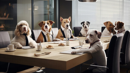 Dogs take over the corporate world - a hilarious depiction of a group of canines conducting a serious business meeting