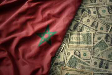 colorful waving national flag of morocco on a american dollar money background. finance concept - obrazy, fototapety, plakaty