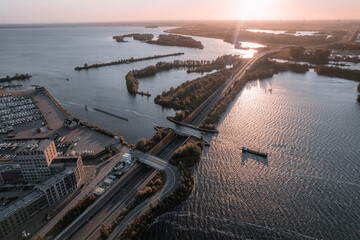 Aerial view of boat crossing aquaduct in Harderwijk, Veluwemeer The Netherlands
