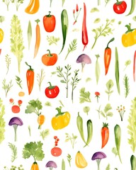 Vegetables tileable watercolor hand drawn seamless pattern created with Generative AI technology