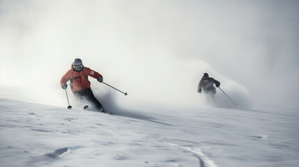 Group of skiers athletes compete going down from ski mountain. AI generated.