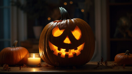 Fototapeta premium Halloween composition of a burning group of pumpkins with a candle, dark background. AI generated.
