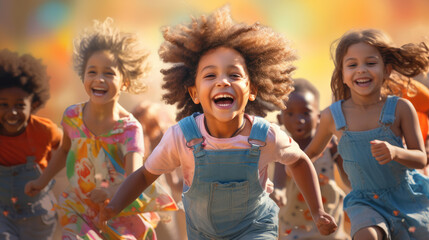 Group of diverse cheerful fun happy multiethnic children outdoors created with Generative AI...