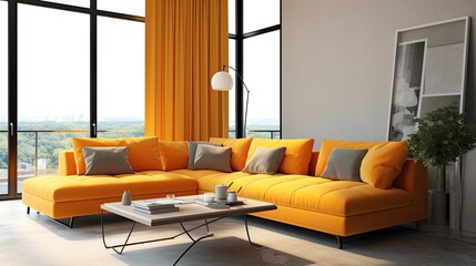 bright living room interior large sofa, generative ai