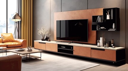 cabinet tv modern living room leather, generative ai