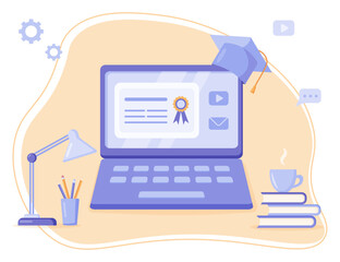 Certificate on laptop screen for e-learning course, webinar and online education concept on top of office desk, vector flat illustration