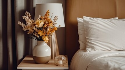 flowers brown vase on wooden nightstand, generative ai