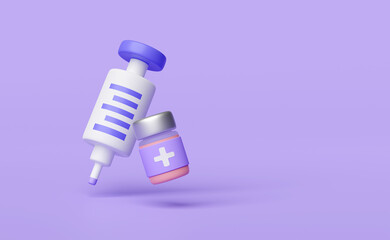 3d syringe, vaccine bottle isolated on purple background. 3d render illustration