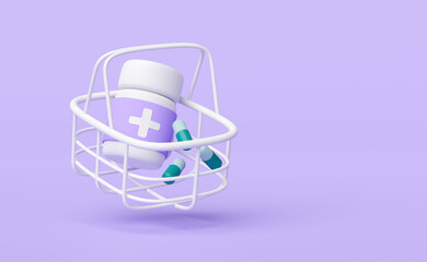 3d  medicine bottle, shopping basket with capsule pills isolated on purple background. pharmaceutical product purchase concept, 3d render illustration