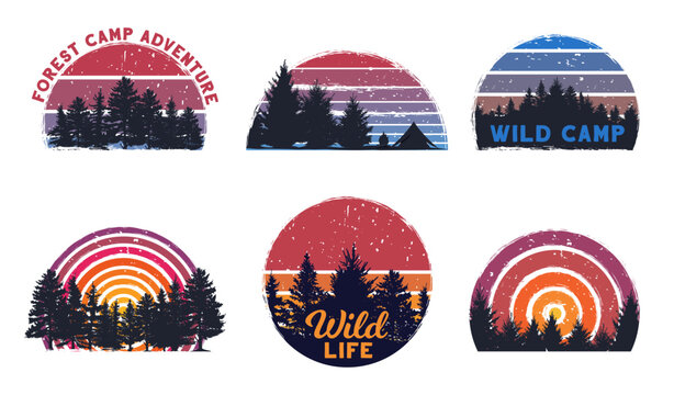 Retro forest sunset. Wild camp, sunrise camping and nature trees with grunge 80s striped sun background