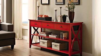 home interior red sofa table decor, generative ai