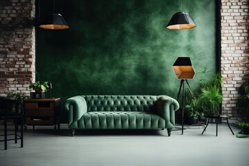 Modern interior of living room with armchair and cabinet on dark green colour wall background. | Luxury dark living room design, green furniture on grey wall in modern design,Generative AI
