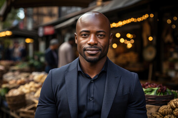 Fototapeta premium Professional business black cool stylish casual creative african man, happy confident positive, entrepreneur standing outdoor on street, looking at camera