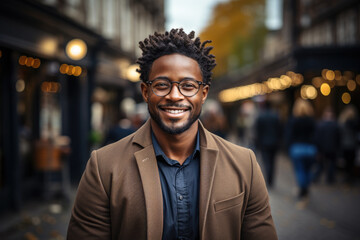 Professional business black cool stylish casual creative african man, happy confident positive, entrepreneur standing outdoor on street, looking at camera