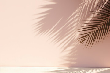 Fototapeta na wymiar Blurred shadow from palm leaves on the pink wall. Minimal abstract background for product presentation. Spring and summer. Generative AI.