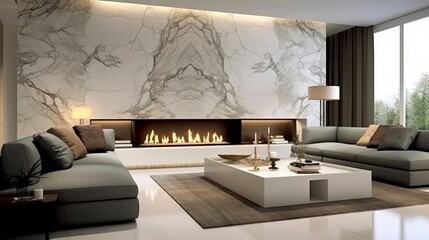 living room marble wall fireplace stylish, generative ai