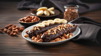 Bananas covered in milk chocolate and chopped almond nuts