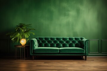 Green wall background, minimalist sofa | Living room with green armchair on empty dark green wall background | Modern loft living room interior design and green wall,Generative AI