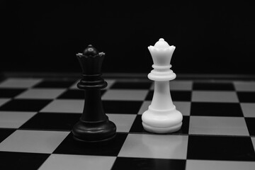 Black and White chess queen in the middle of the chessboard