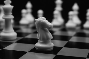white chess knight horse in focus and chess pieces unfocused in the background