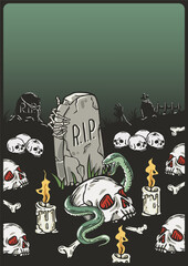 Halloween party poster with skeleton hand, eye and cemetery. October autumn scary banner