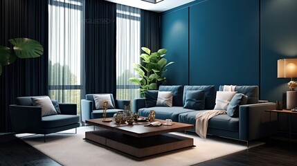 modern living room mock dark blue, generative ai