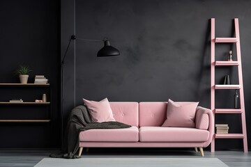 Modern sofa on light pink wall background with trendy home accessories, home decor interior, luxury living room,Generative AI